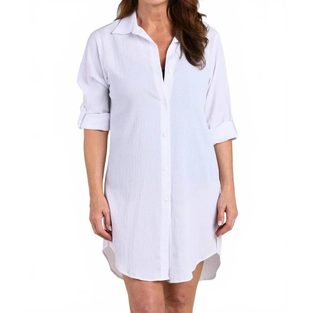 NEW MAXINE OF HOLLYWOOD woven covers button down tunic in white